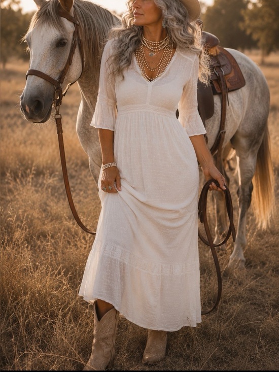 Knox Rose Dresses & Skirts - Knox Rose Cream Maxi Dress with V-Neck and Three-Quarter Sleeves Size M